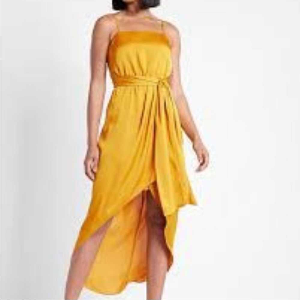 Express Satin Belted High-Low Golden Yellow Sleeveless Dress